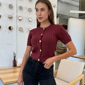 H&M Burgundy Cable Knit Cardigan‎ gold buttons 4Xl Plus Size